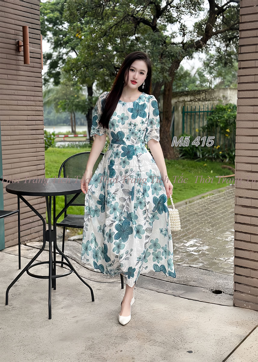 Dam xoe to theu hoa 3d tong xanh e415 3