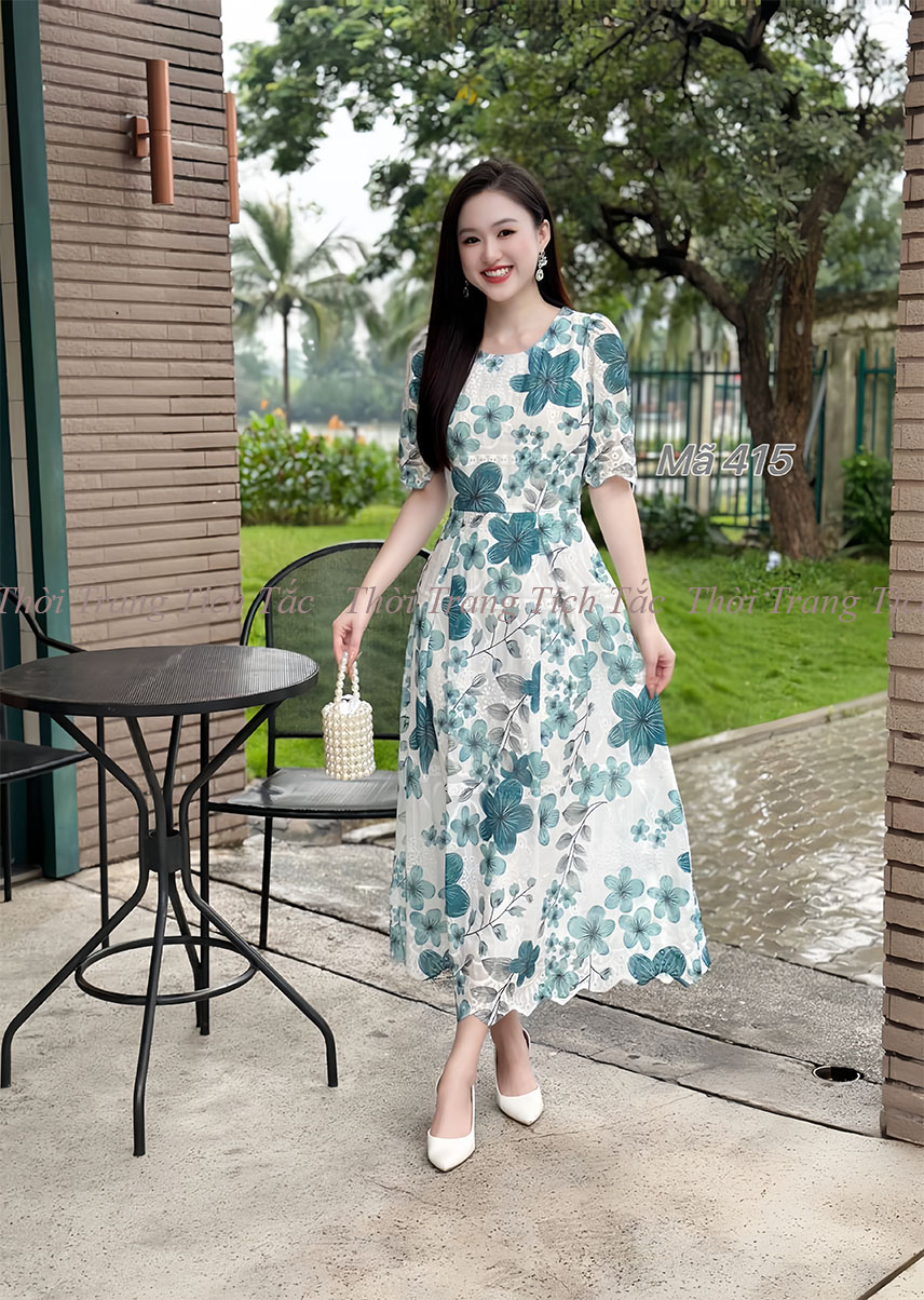 Dam xoe to theu hoa 3d tong xanh e415 4
