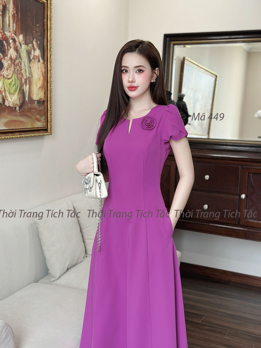 Dam xoe 8 manh co xe dinh hoa mau hong tim e449 2