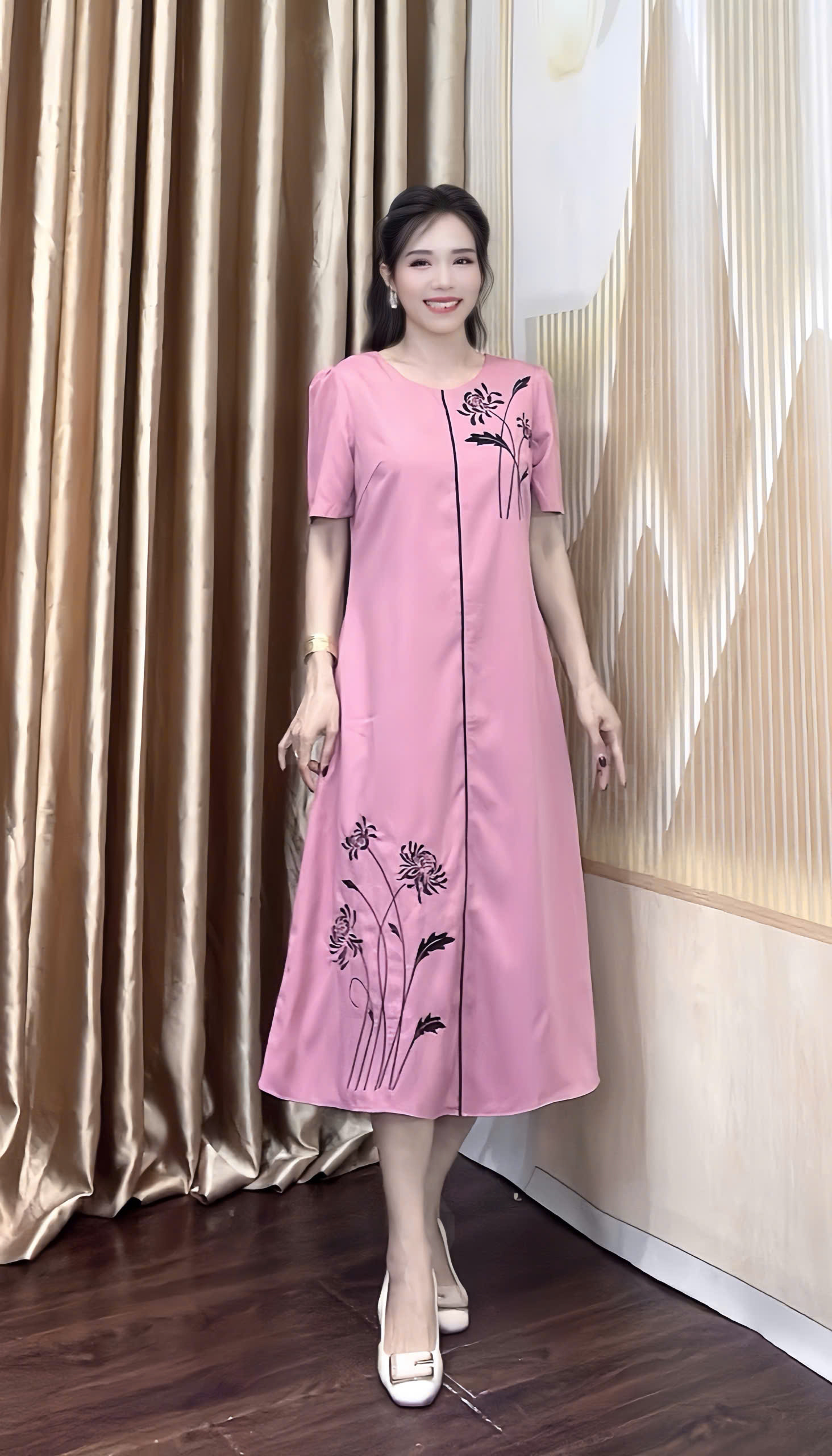 Dam suong mau hong theu hoa den f027 3