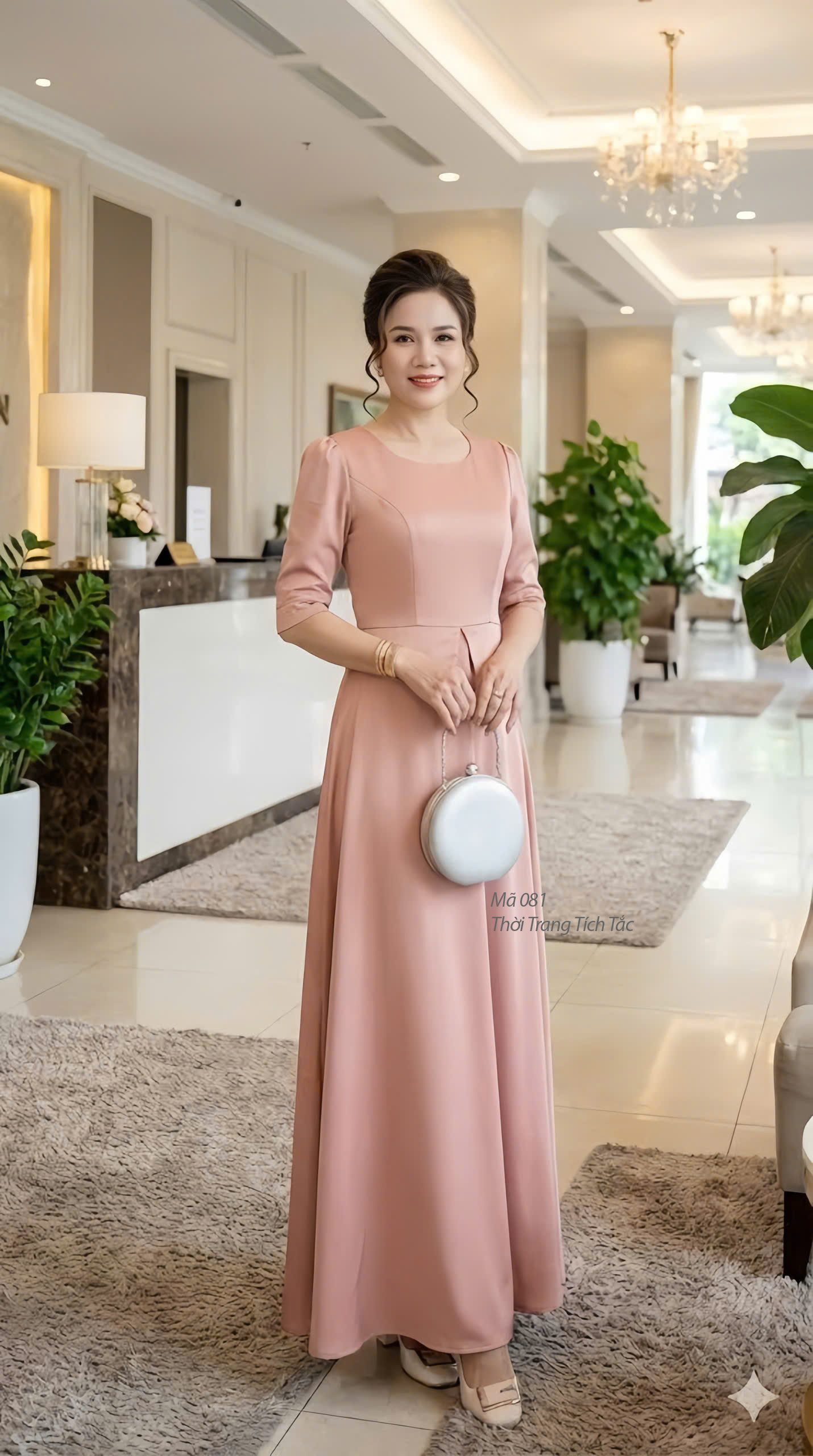 Dam maxi da hoi co tron peplum mau hong dat f081 6