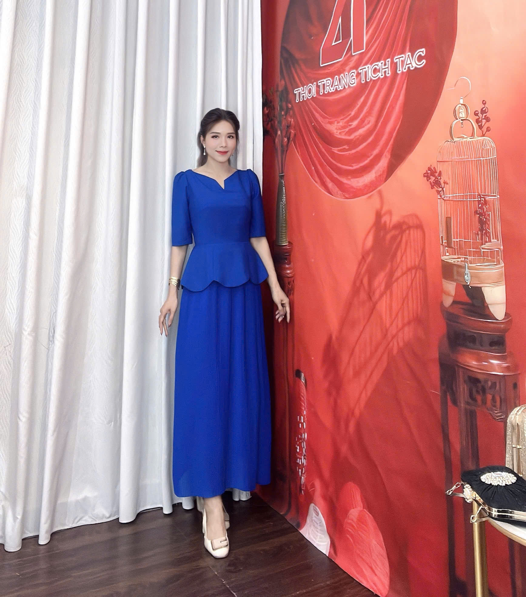 Dam phoi peplum dap ly mau xanh coban f162 2