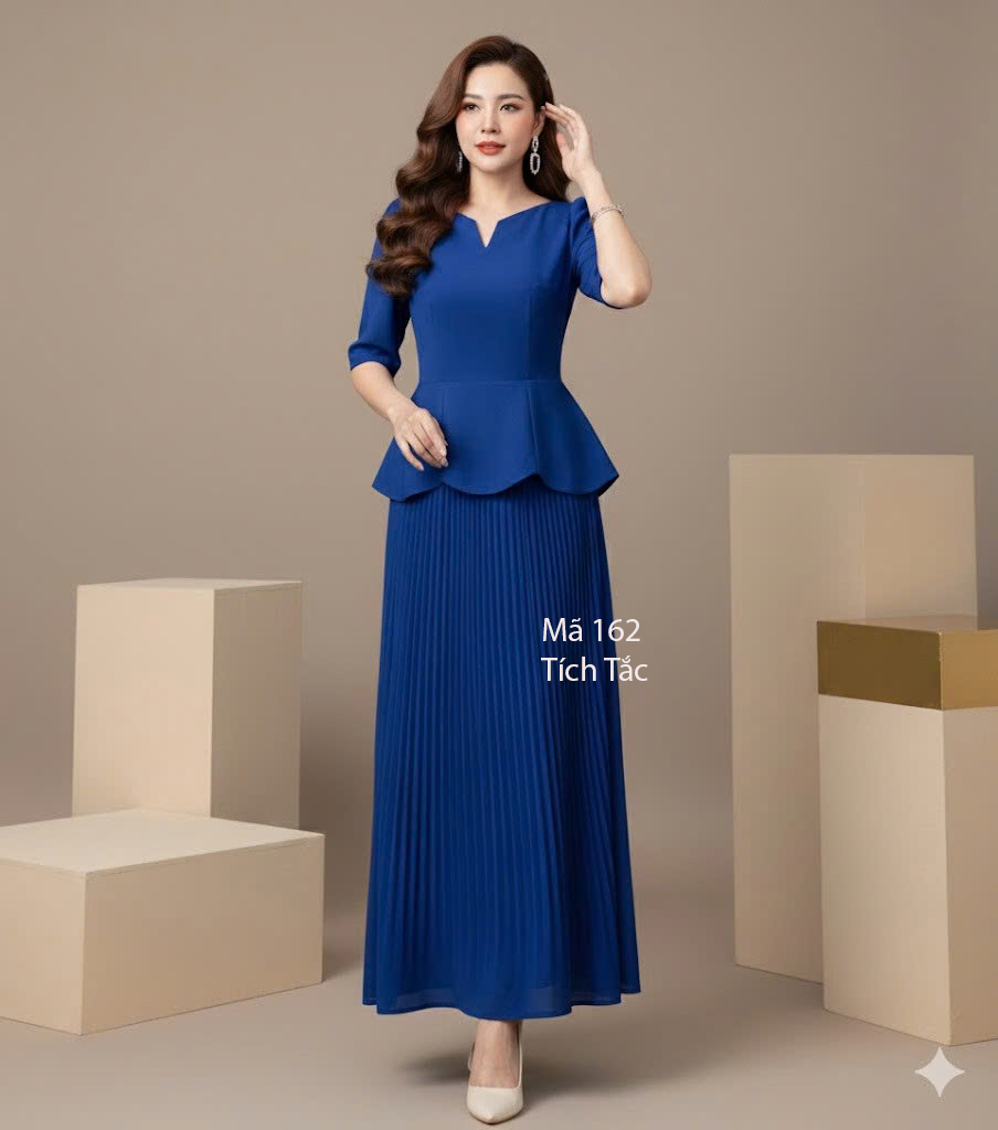 Dam phoi peplum dap ly mau xanh coban f162 3