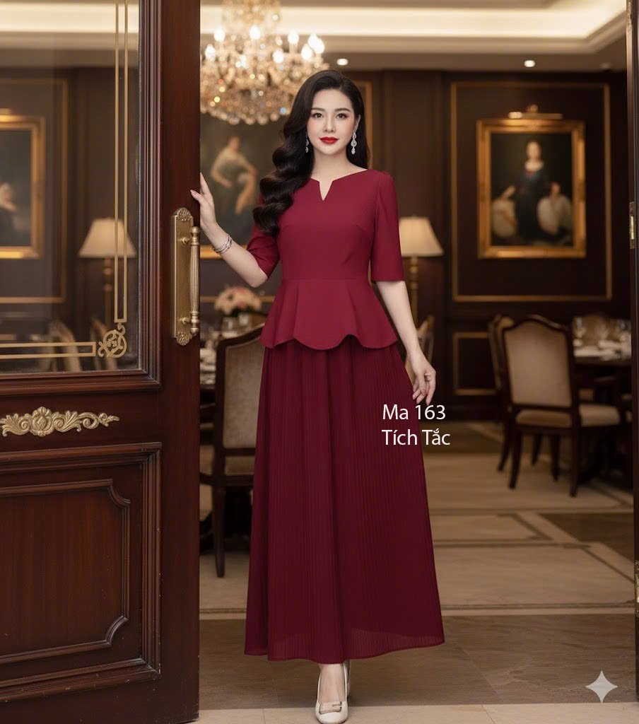 Dam phoi peplum dap ly mau do do f163 5