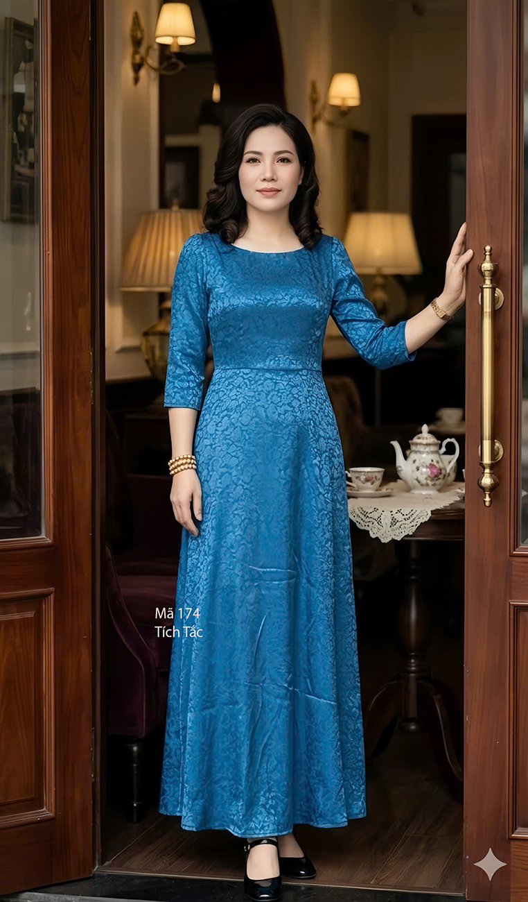Dam lua maxi mau xanh van gam f174 4