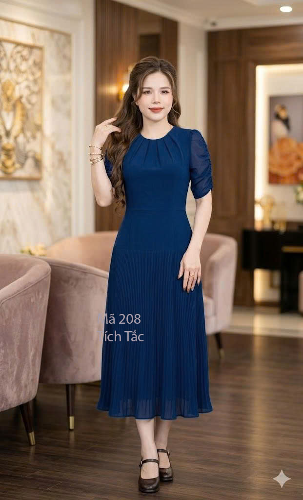 Dam dap ly co xep ly tay nhung mau xanh den f208 1