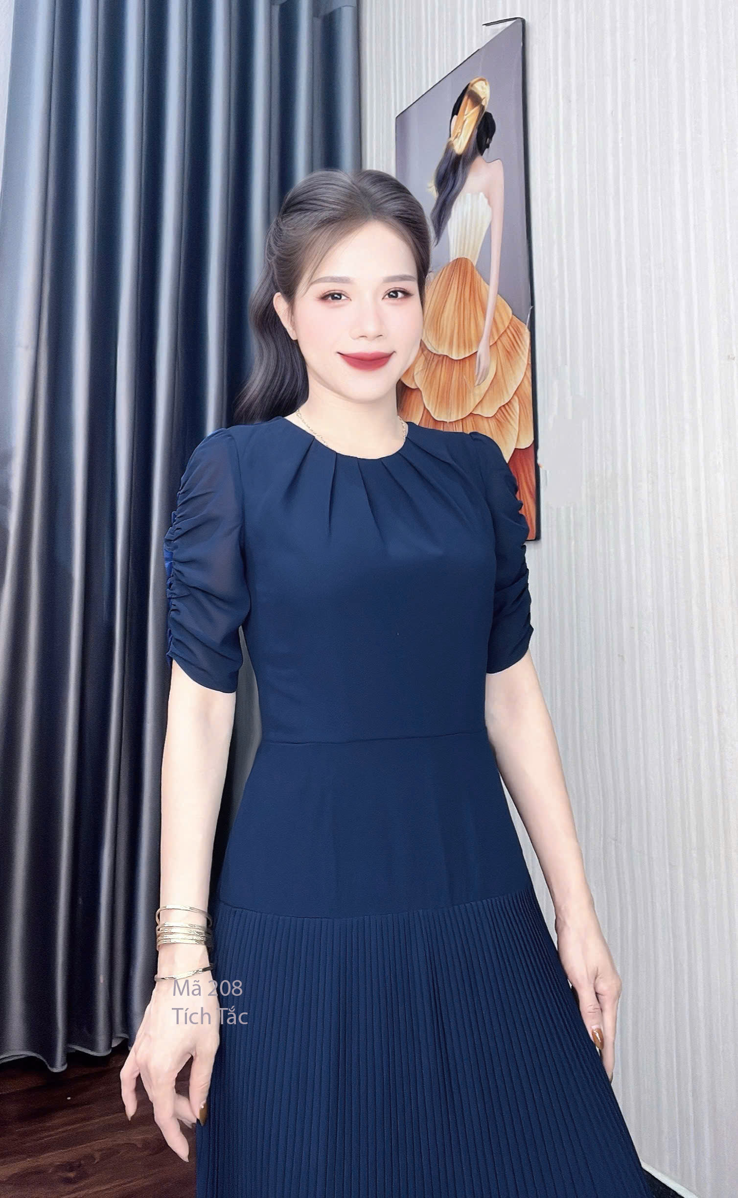 Dam dap ly co xep ly tay nhung mau xanh den f208 3