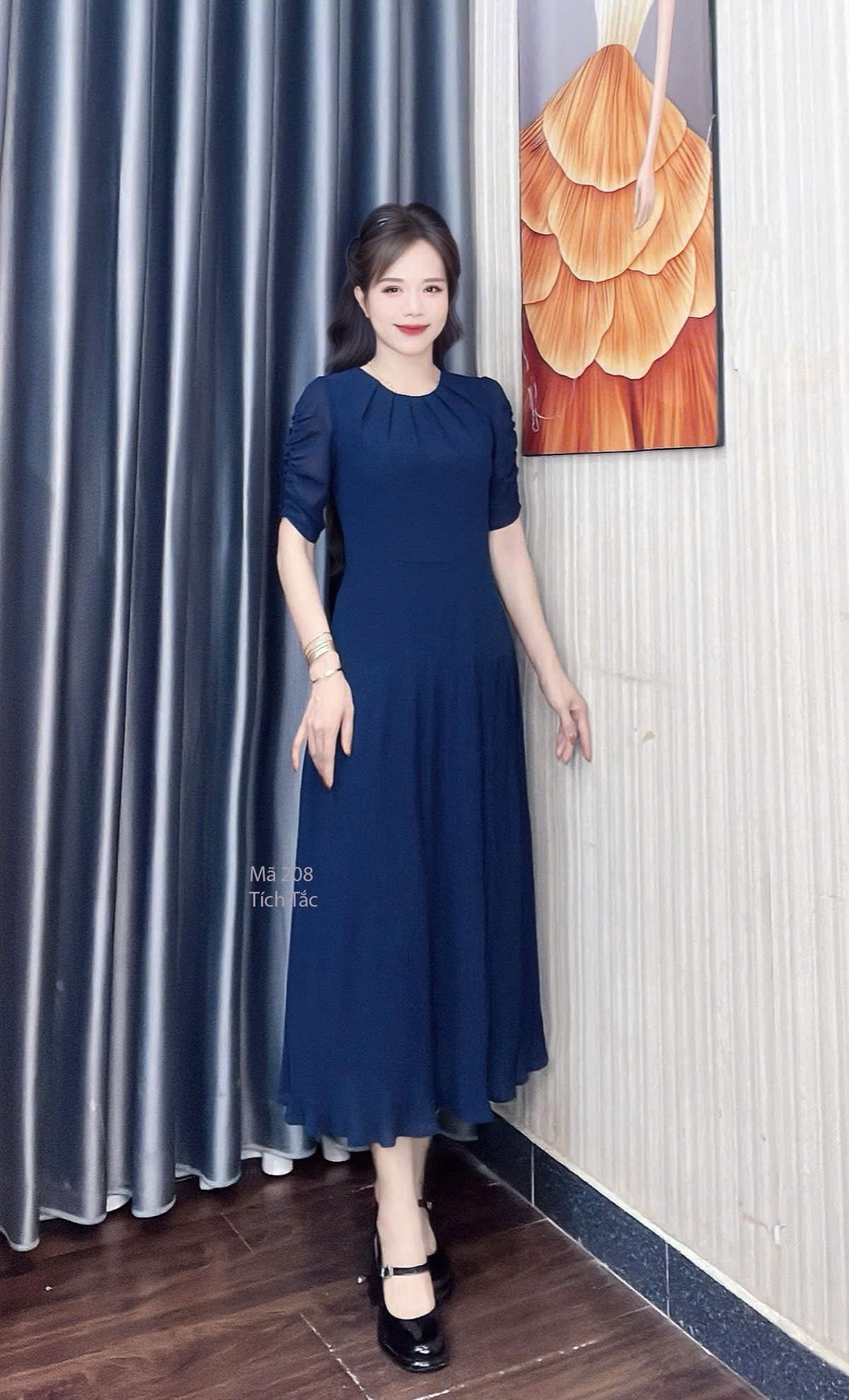 Dam dap ly co xep ly tay nhung mau xanh den f208 4