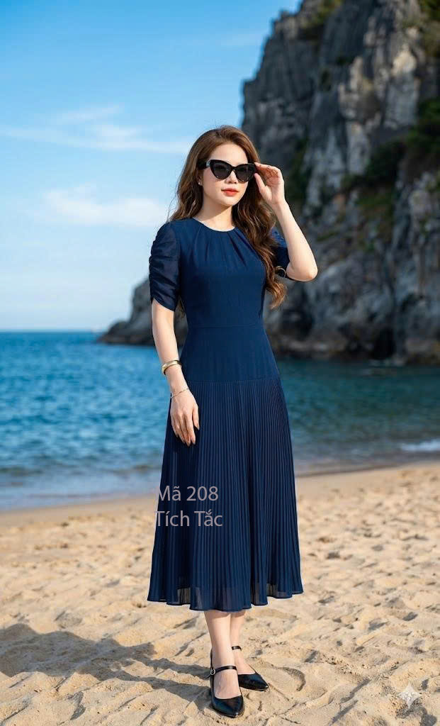 Dam dap ly co xep ly tay nhung mau xanh den f208 5