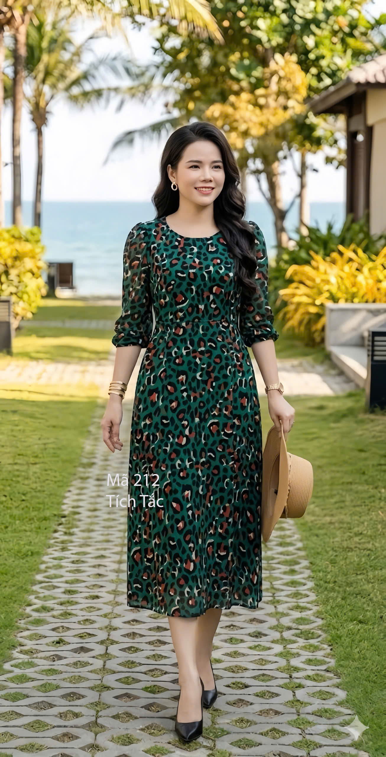 Dam xoe co tron hoa tiet beo mau xanh f212 1