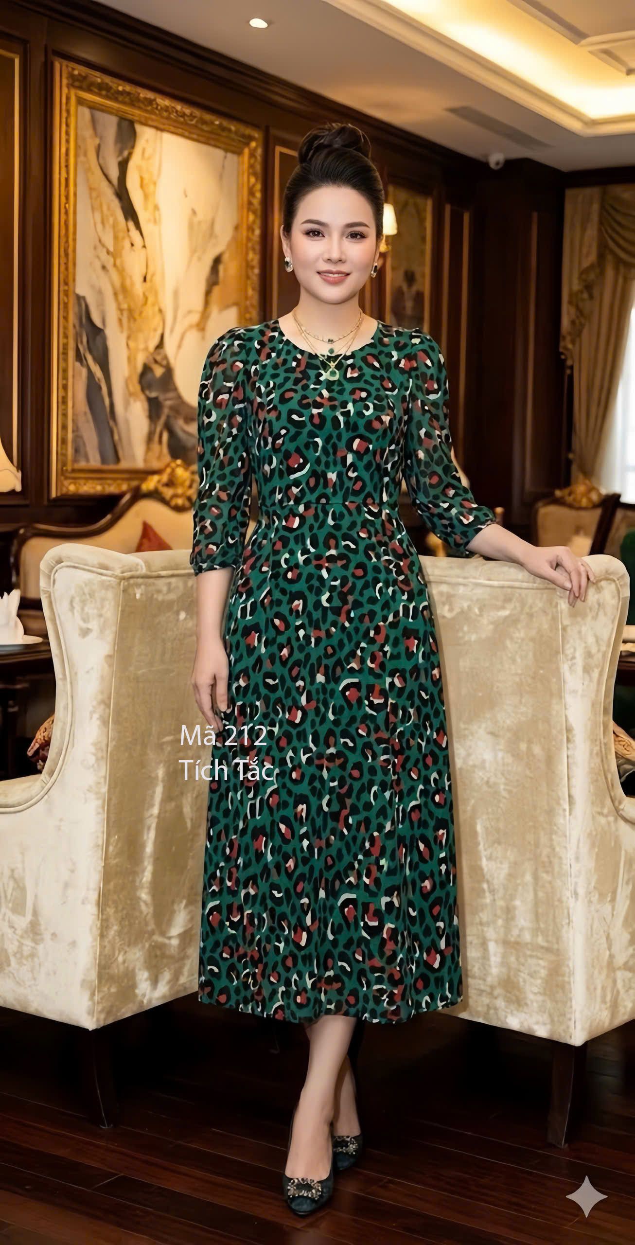 Dam xoe co tron hoa tiet beo mau xanh f212 10