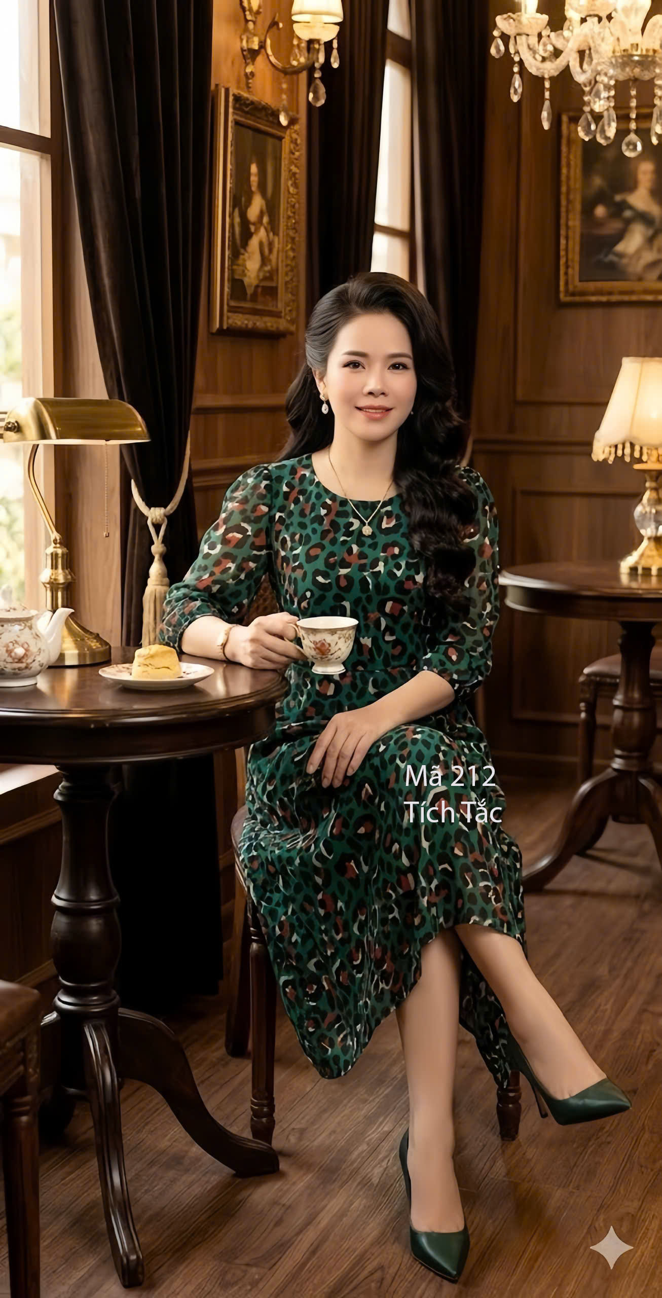 Dam xoe co tron hoa tiet beo mau xanh f212 9