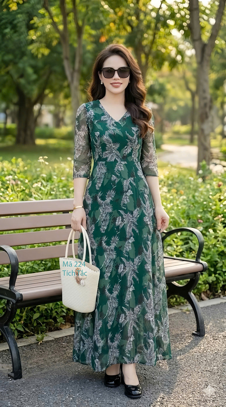 Dam maxi voan co tim nen la cay mau xanh la f224 2
