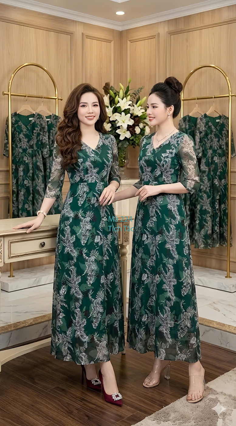 Dam maxi voan co tim nen la cay mau xanh la f224 3