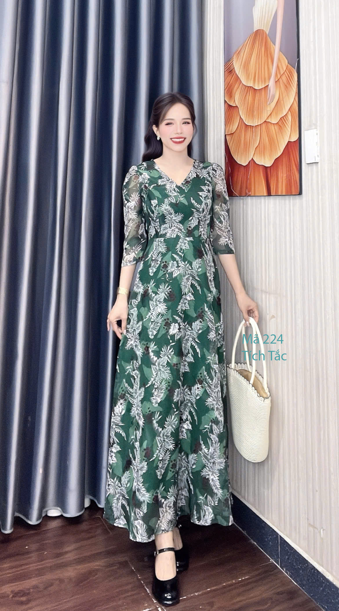 Dam maxi voan co tim nen la cay mau xanh la f224 5