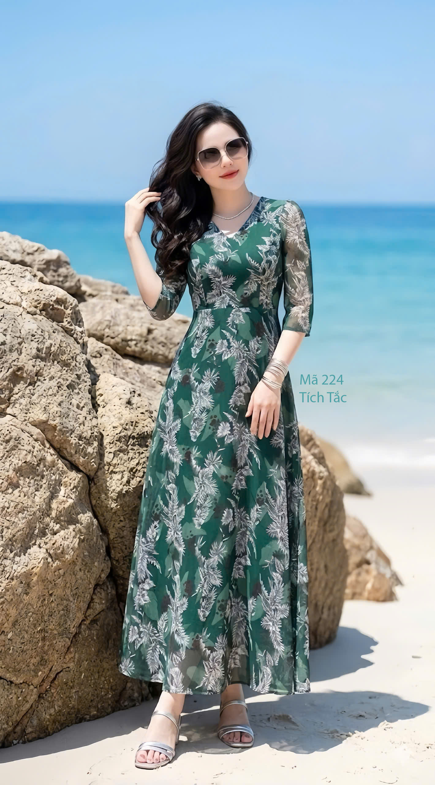 Dam maxi voan co tim nen la cay mau xanh la f224 6