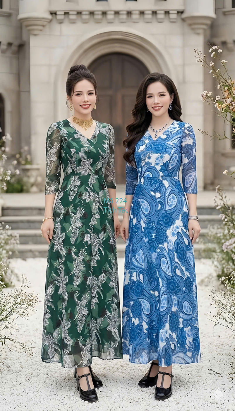 Dam maxi voan co tim nen la cay mau xanh la f224 7