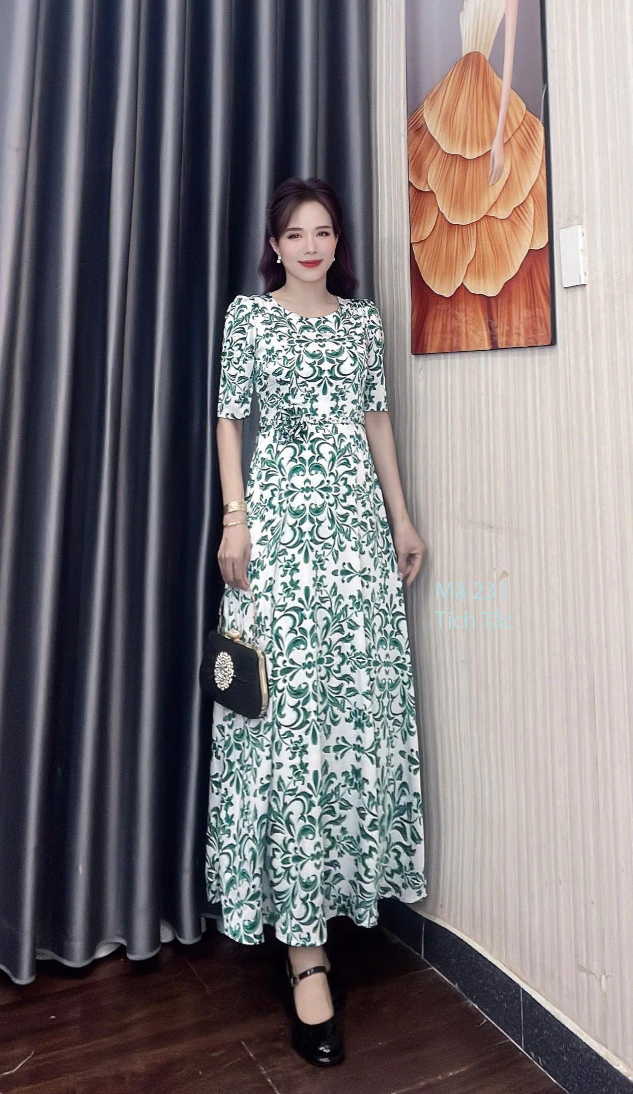 Dam maxi lua nen trang hoa xanh f231 11