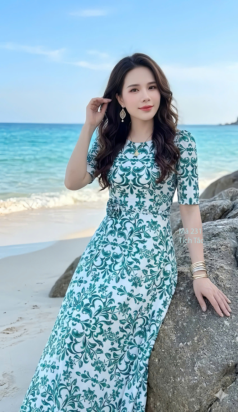 Dam maxi lua nen trang hoa xanh f231 2