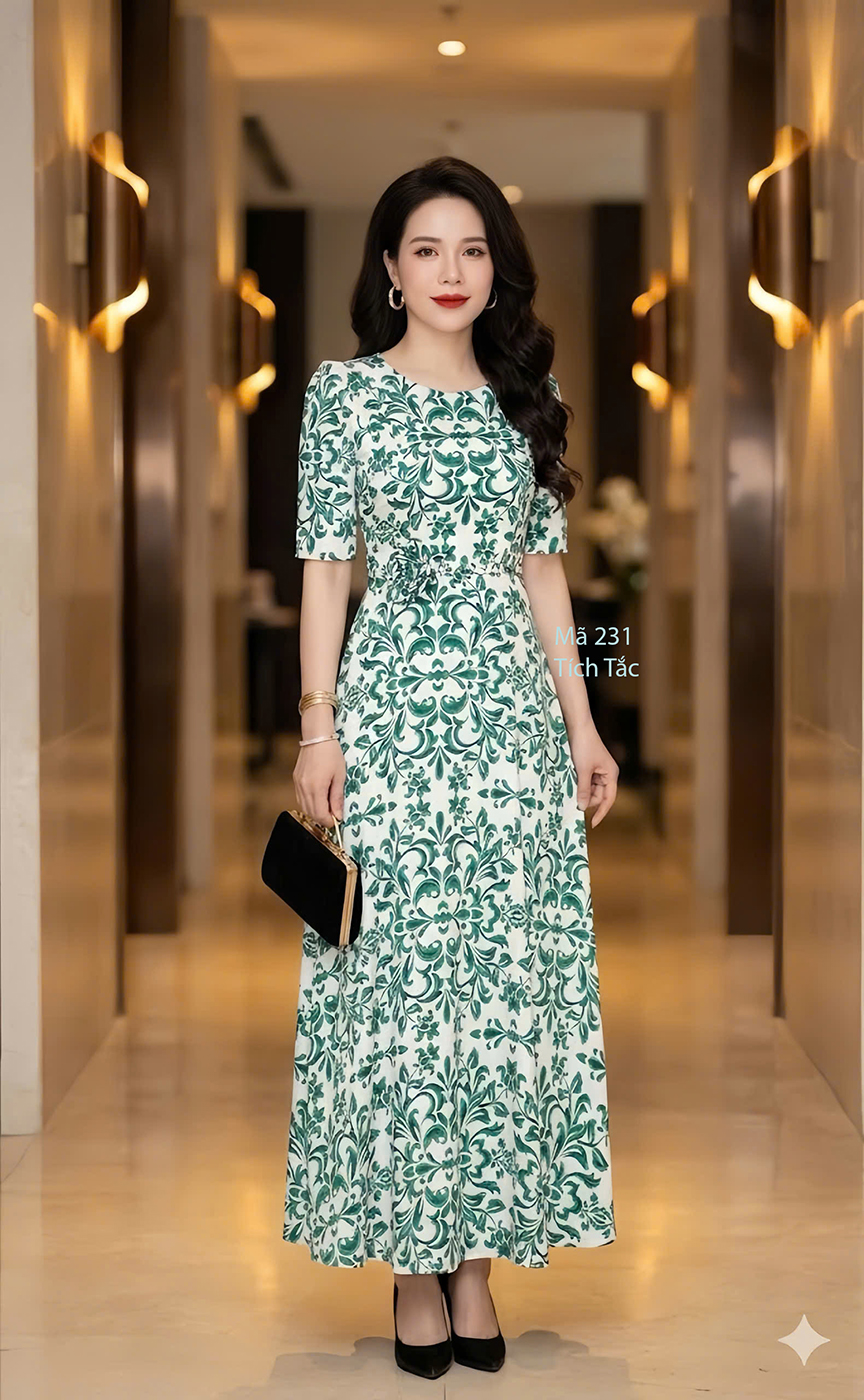 Dam maxi lua nen trang hoa xanh f231 3