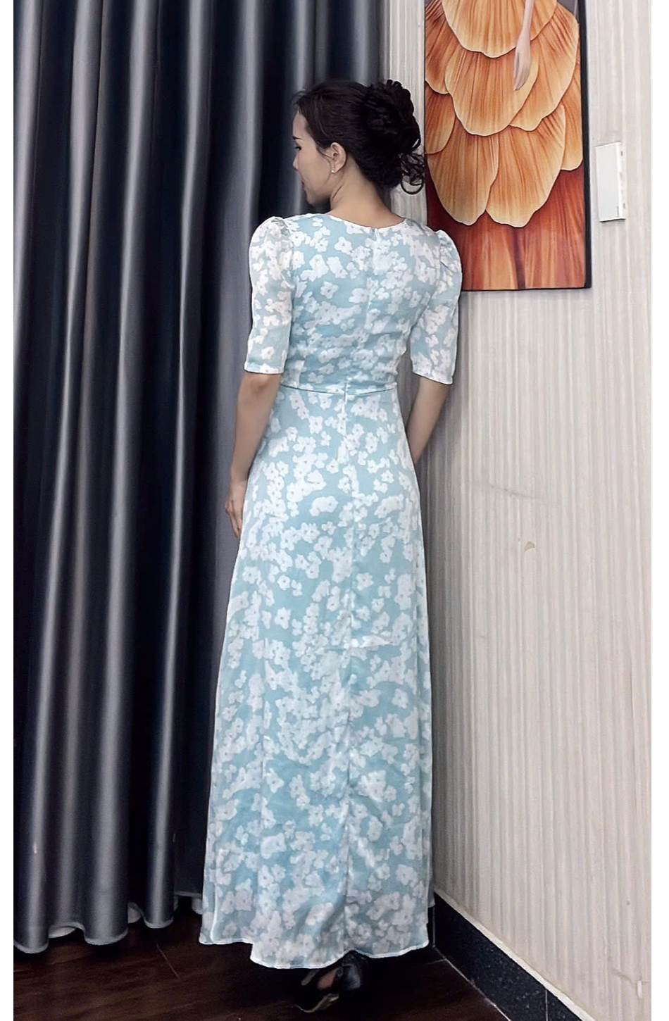 Dam maxi voan co tim bong trang nen xanh bien f243 6