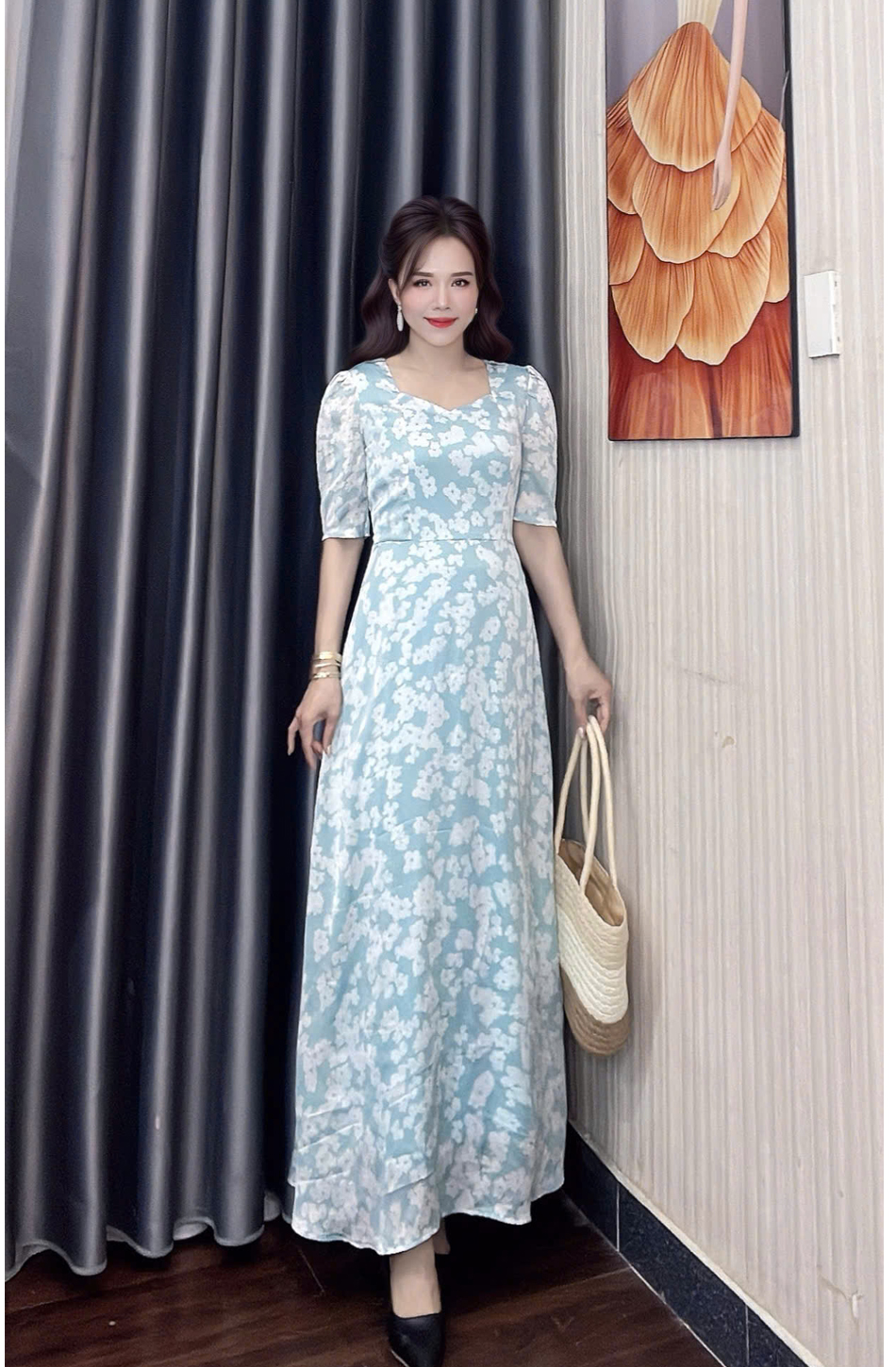 Dam maxi voan co tim bong trang nen xanh bien f243 7