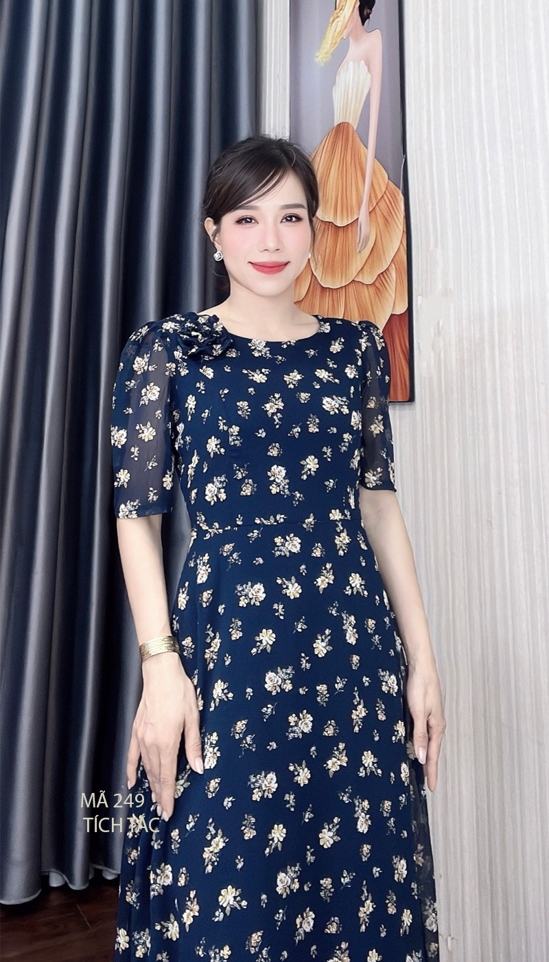 Dam maxi voan co tron dinh bong mau xanh den f249 1