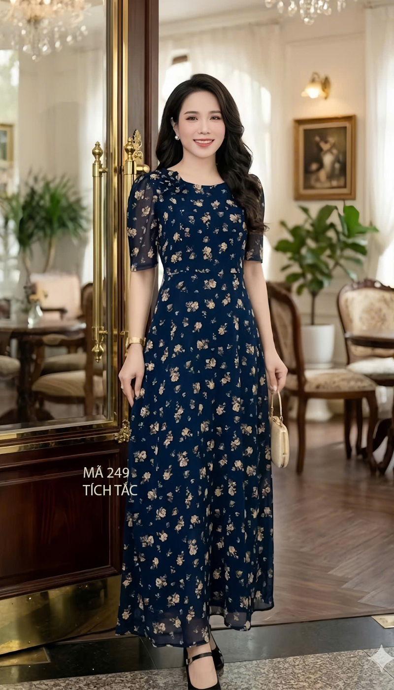 Dam maxi voan co tron dinh bong mau xanh den f249 5
