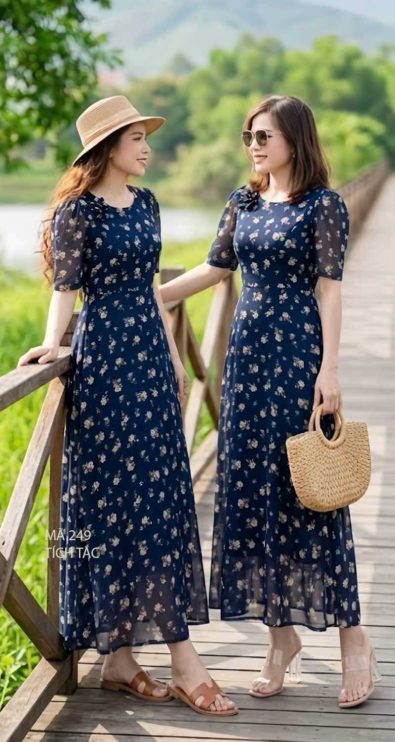 Dam maxi voan co tron dinh bong mau xanh den f249 6