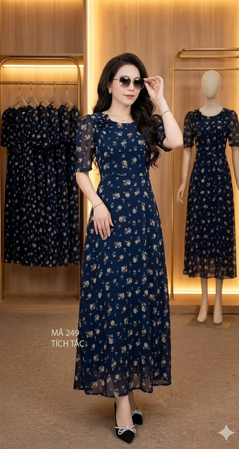 Dam maxi voan co tron dinh bong mau xanh den f249 7