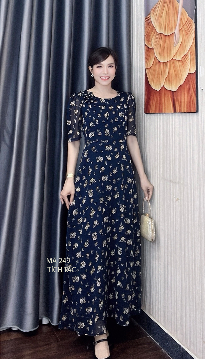 Dam maxi voan co tron dinh bong mau xanh den f249 9