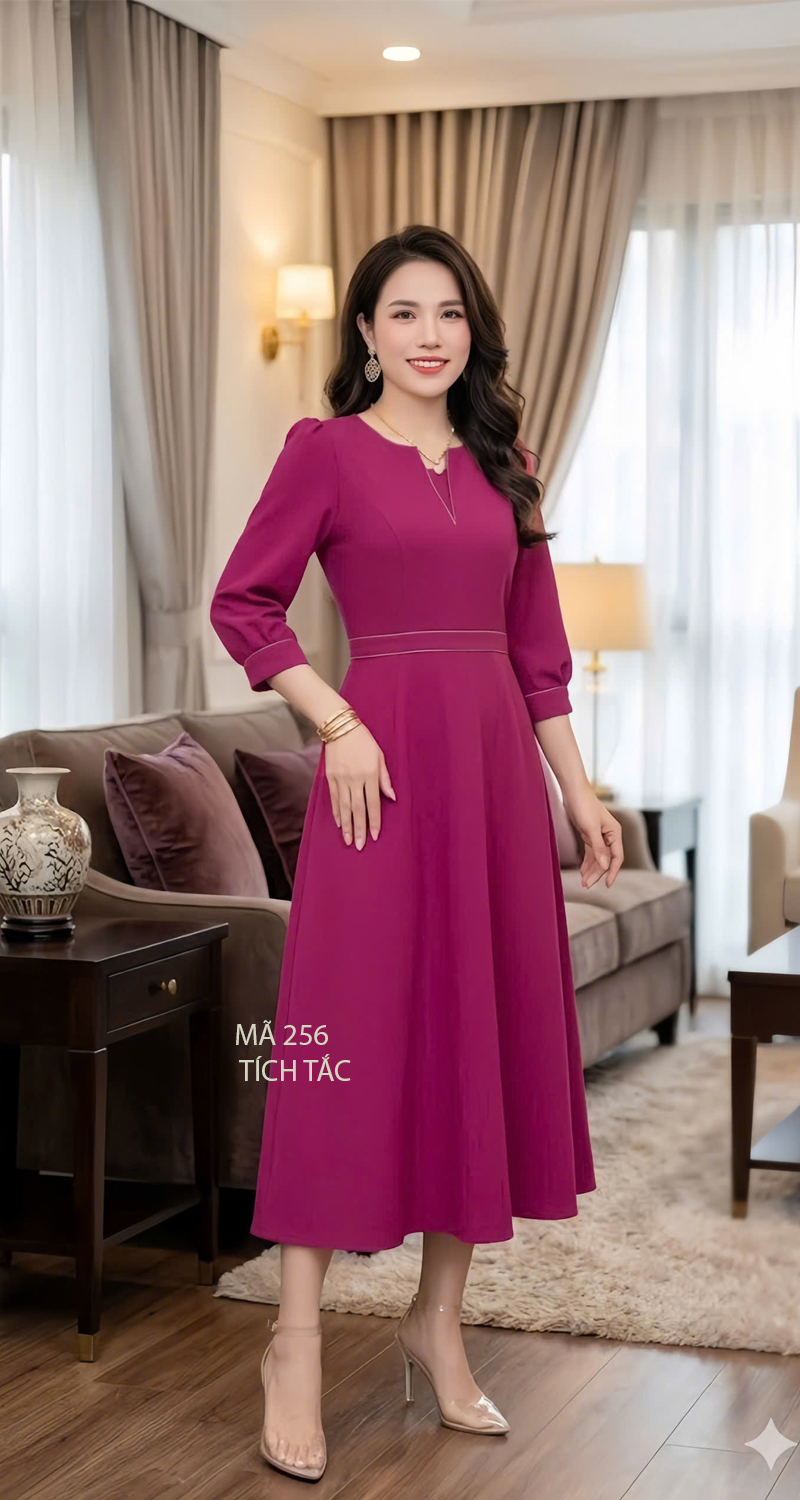 Dam xoe co xe v chan chi mau hong sen f256 1