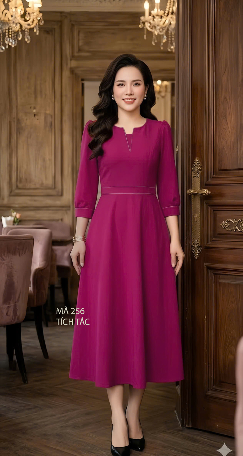Dam xoe co xe v chan chi mau hong sen f256 2