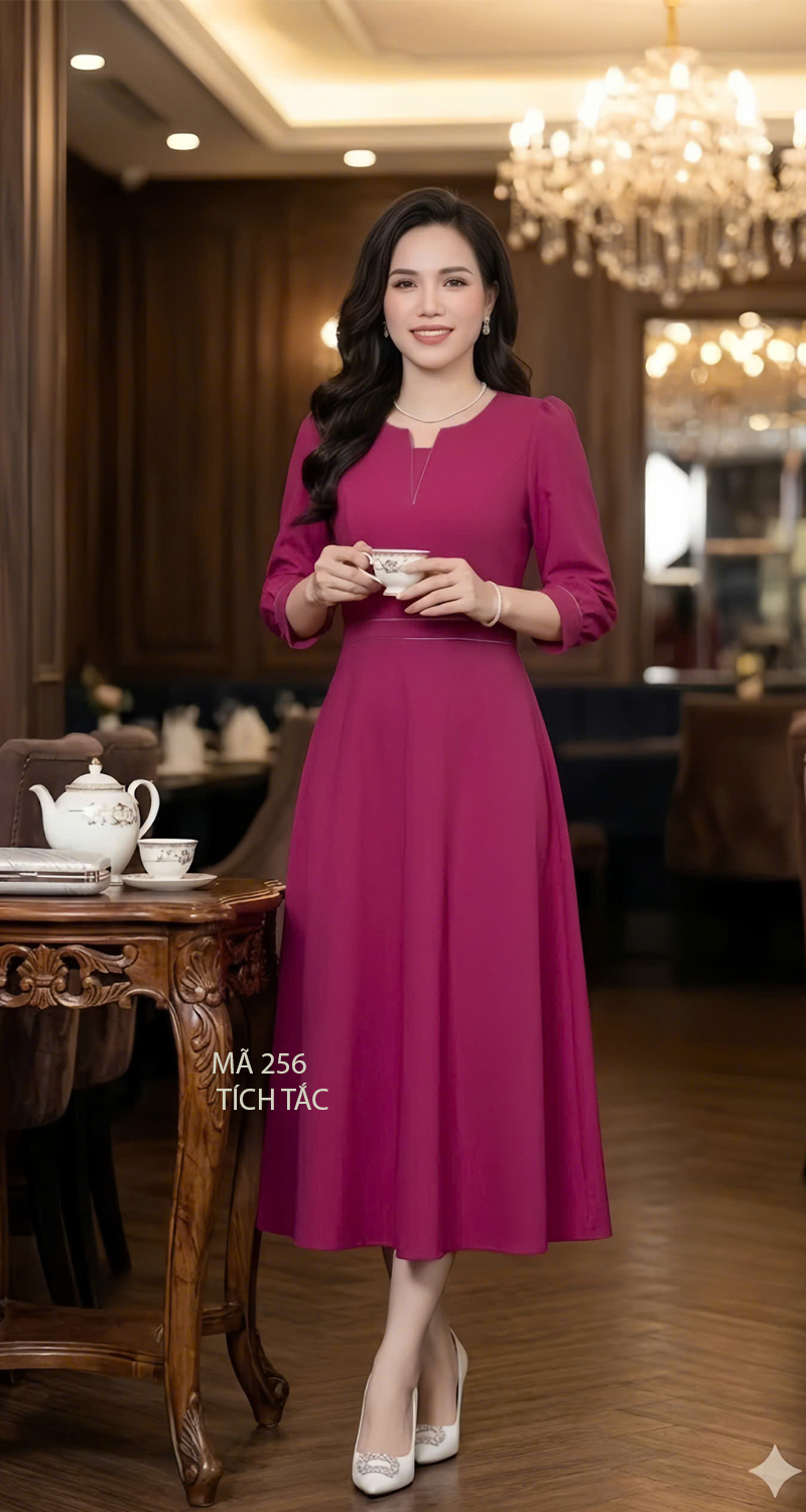 Dam xoe co xe v chan chi mau hong sen f256 3