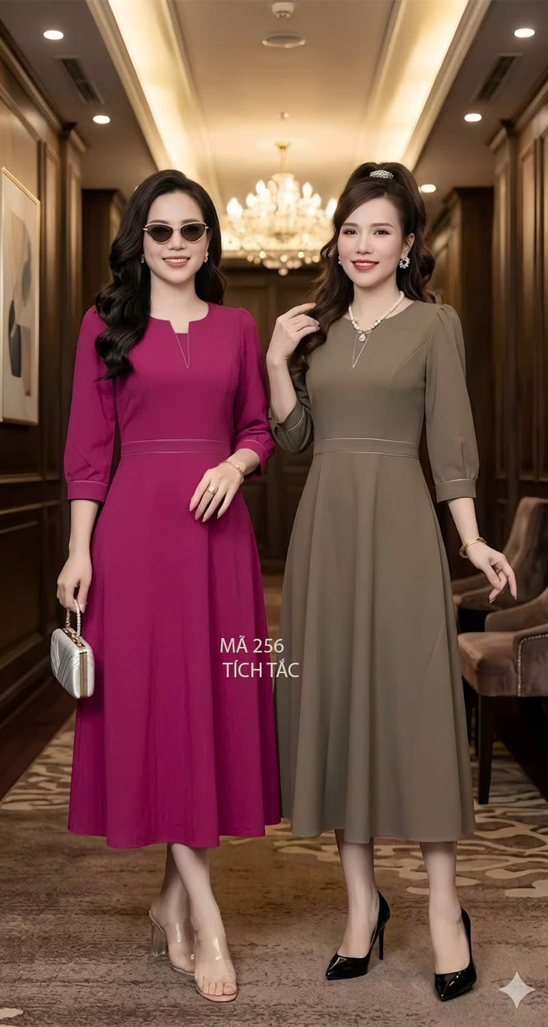 Dam xoe co xe v chan chi mau hong sen f256 6