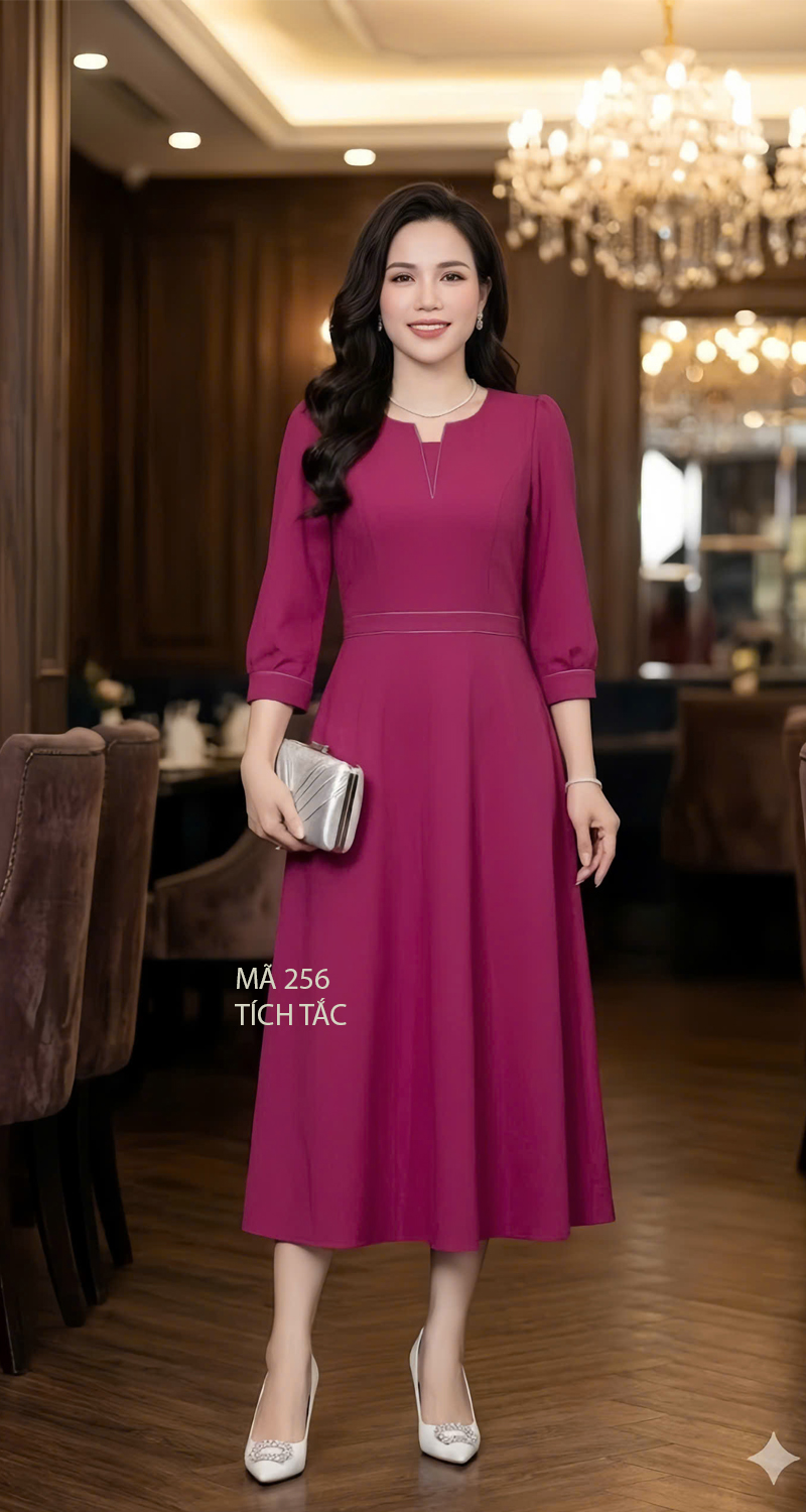 Dam xoe co xe v chan chi mau hong sen f256 9