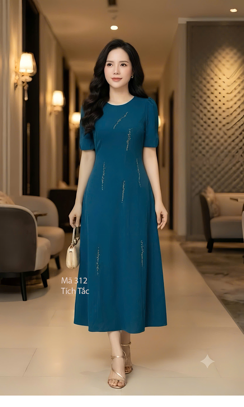 Dam thun cotton ket cuom mau xanh duong f312 4