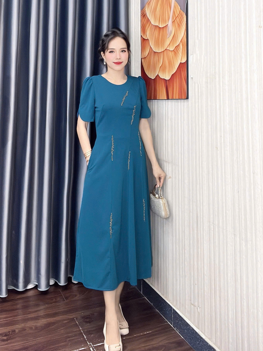 Dam thun cotton ket cuom mau xanh duong f312 8